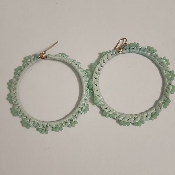 Raffia Braid Circle Cutout Earrings Dangle Drop Mint Beaded Gold Tone Blue - Picture 2 of 2